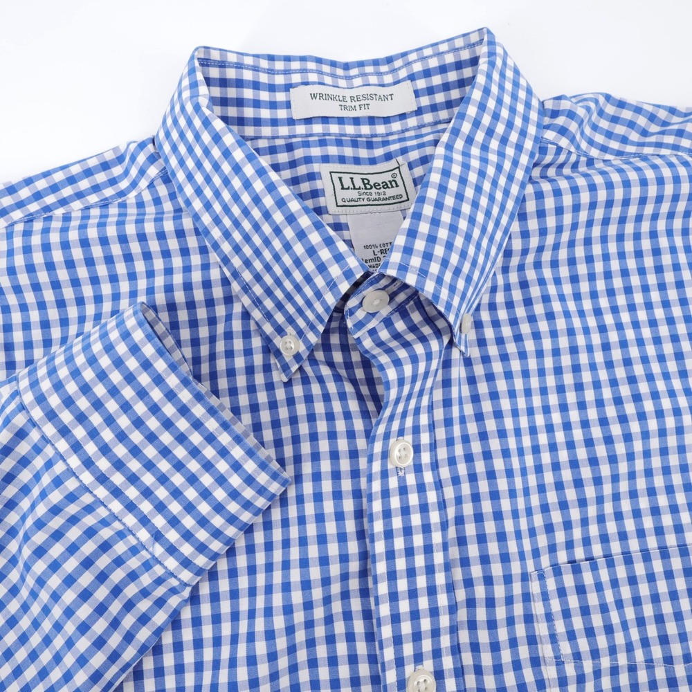LL Bean Gingham Check Wrinkle Resistant Shirt Blue Long Sleeve Mens Large Shirt